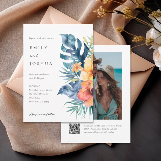 Tropical Floral Summer QR Foto Hochzeit Einladung (Von Creator hochgeladen)