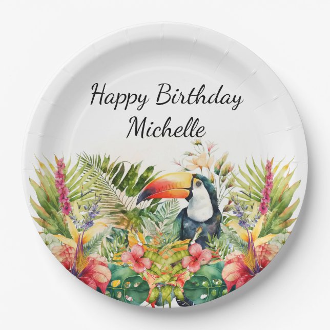 Tropical Floral Toucan Happy Birthday Name Pappteller (Vorderseite)