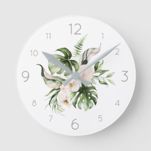 Tropical Floral Watercolor Palm Leaves and FLowers Runde Wanduhr