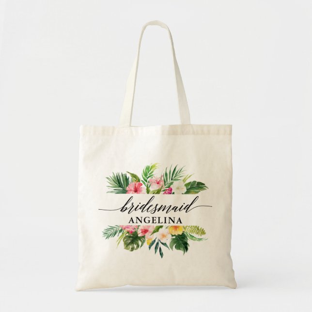 Tropical Floral Wedding Calligraphy Bridesmaid Tragetasche (Vorne)