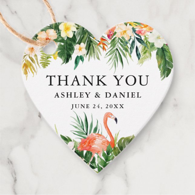 Tropical Floral Wedding Danke Flamingo Herz Geschenkanhänger (Vorderseite)