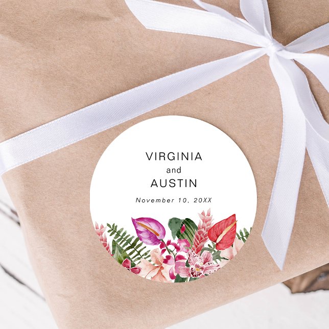 Tropical Floral Wedding Runder Aufkleber (Tropical Floral Wedding Classic Round Sticker by Painted Paperie
)
