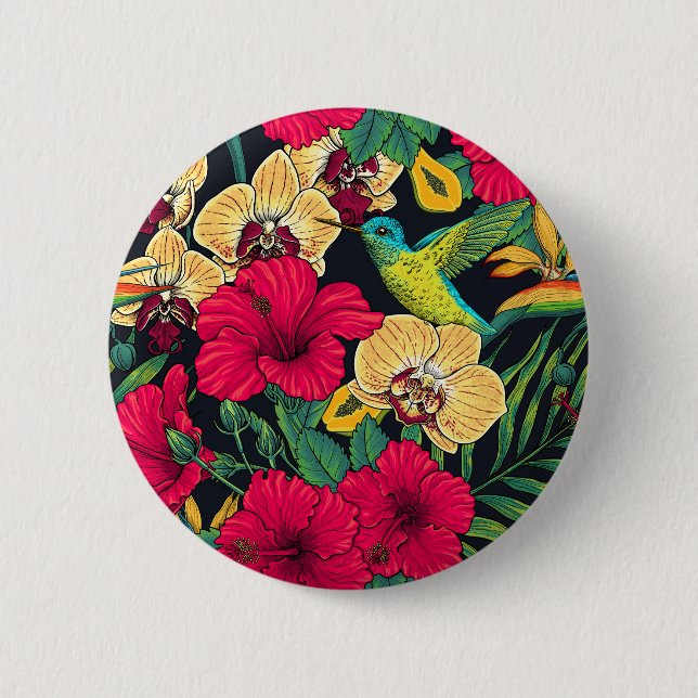 Tropical Florals and Hummingbird - Summer Botanica Button (Vorderseite)