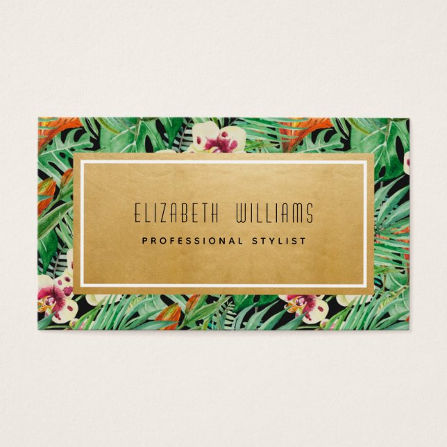 Tropical Florals Gold Stylist Business Cards (Vorderseite)