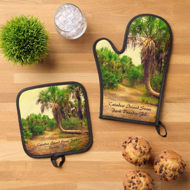 Tropical Florida Trail mit Palmen verbunden Ofenhandschuh & Topflappen-Set (Oben Unten)
