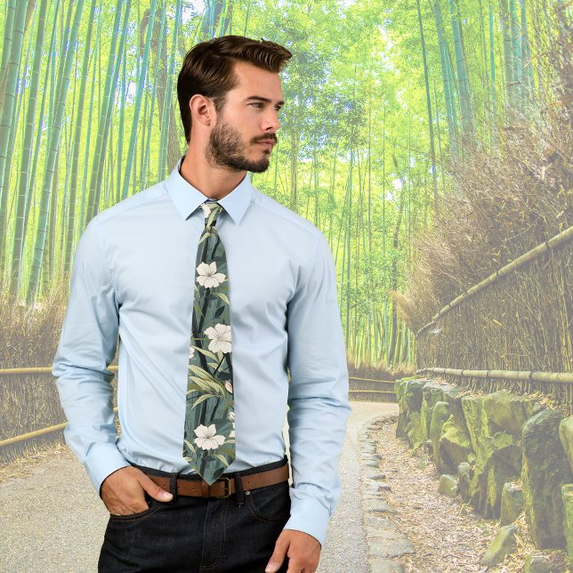 Tropical Flower Chinoiserie Asian Dusty Teal Print Krawatte (Von Creator hochgeladen)