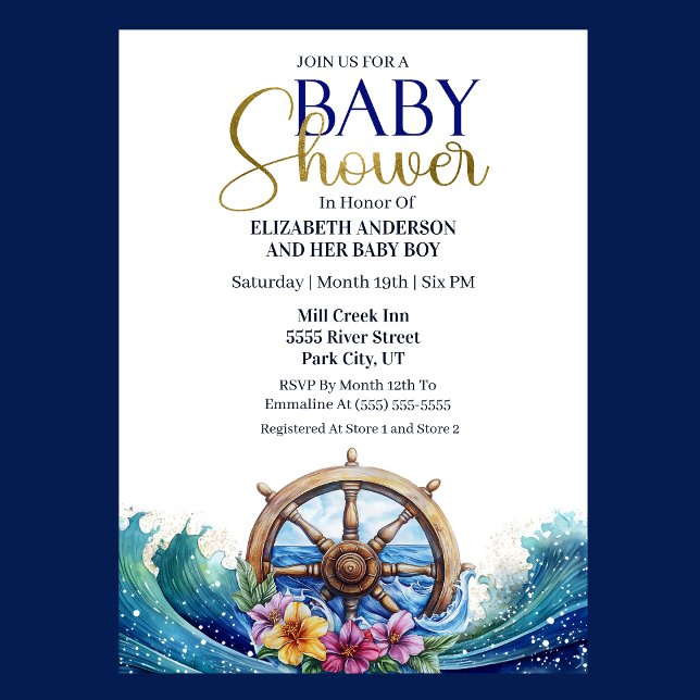 Tropical Flower Sailing Wheel Boy Baby Shower Einladung (Nautical Baby Shower invitation with ship wheel, ocean waves, and tropical flowers )