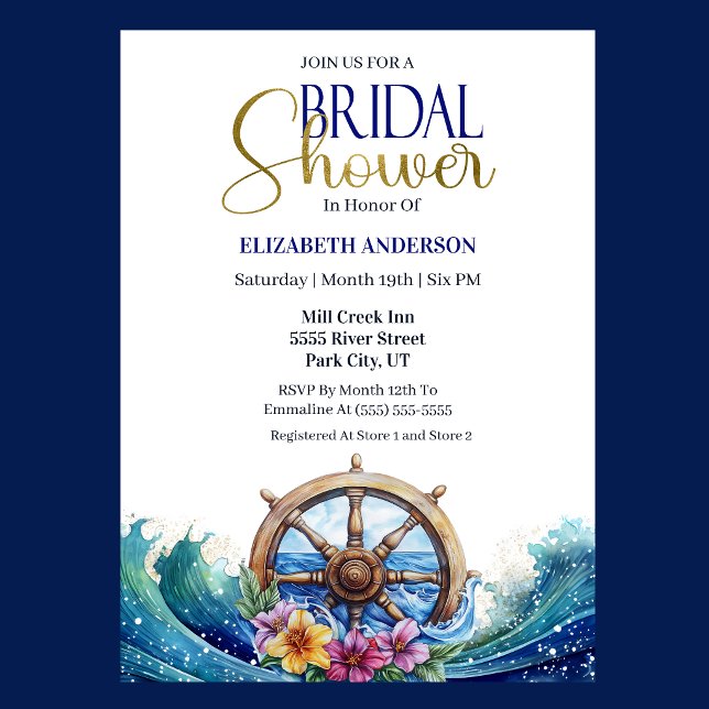 Tropical Flower Sailing Wheel Bridal Shower Einladung (Nautical Bridal Shower invitation with ship wheel, ocean waves, and tropical flowers )
