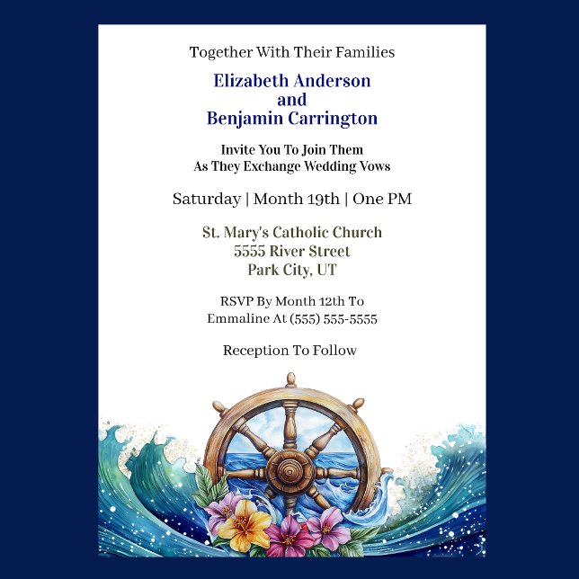 Tropical Flower Sailing Wheel Nautical Wedding Einladung (Nautical wedding invitation with ship wheel, ocean waves, and tropical flowers )