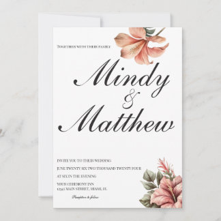 Tropical Flowers Black and White Script Wedding Einladung