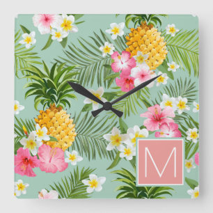 Tropical Flowers & Pineapples   Add Your Initial Quadratische Wanduhr