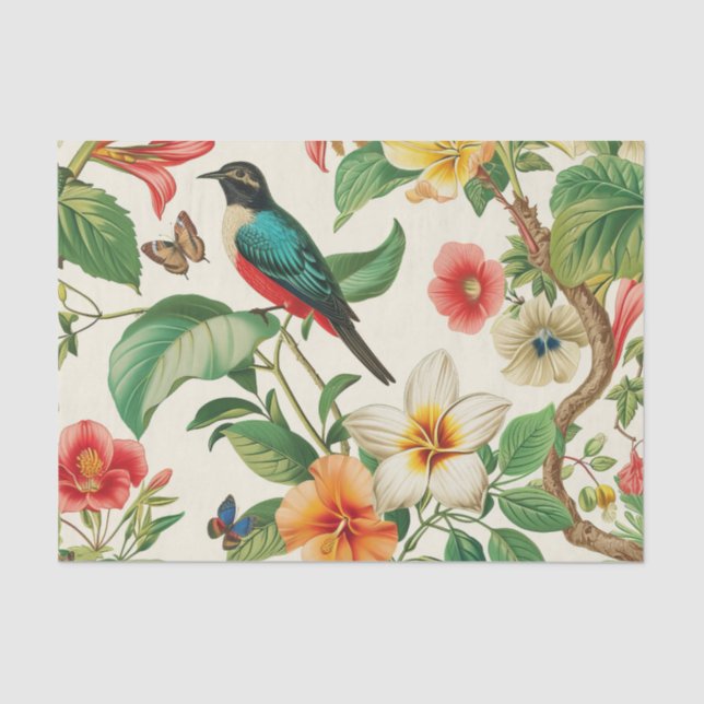 Tropical Flowers with Beautiful Red & Teal Bird Seidenpapier (Vorderseite)
