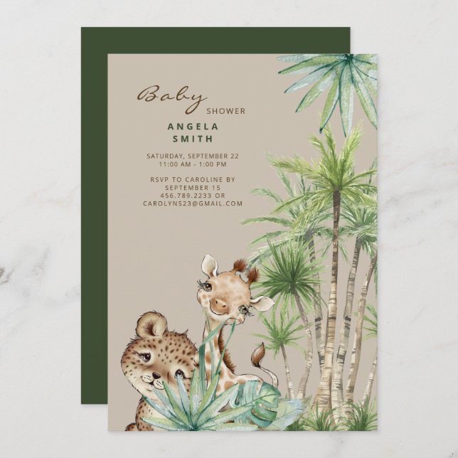 Tropical Foliage Baby Animals II Kinderdusche Einladung (Vorne/Hinten)