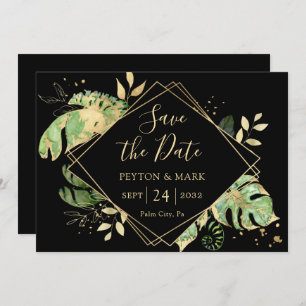 Tropical Foliage Black & Gold Elegant Geometric Save The Date