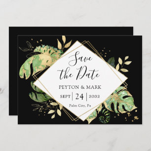 Tropical Foliage Black & Gold Elegant Geometric Save The Date