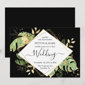 Tropical Foliage Black & Gold Geometric Wedding Einladung