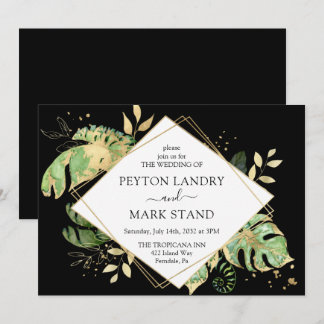 Tropical Foliage Black & Gold Geometric Wedding Einladung