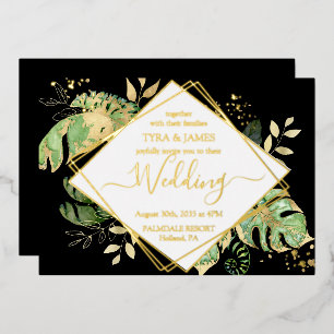 Tropical Foliage Black & Gold Geometric Wedding Folieneinladung