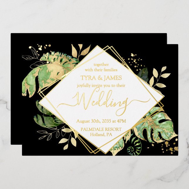 Tropical Foliage Black & Gold Geometric Wedding Folieneinladung (Vorderseite/Rückseite)