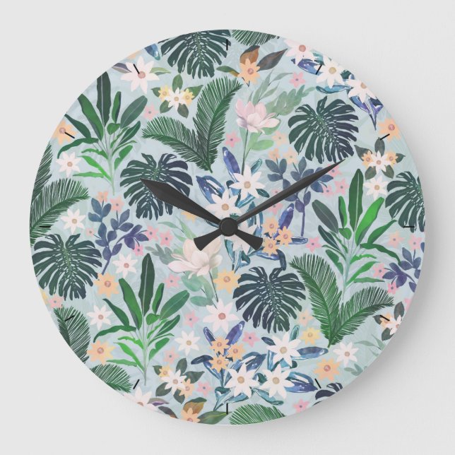 Tropical Foliage Floral Pattern Große Wanduhr (Vorderseite)