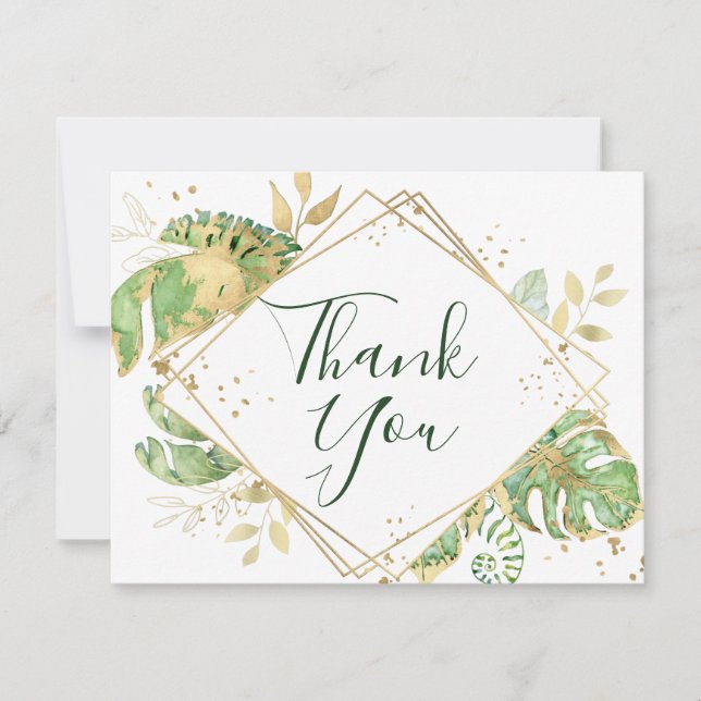 Tropical Foliage & Gold Geometric Danke-Card Dankeskarte (Vorderseite)