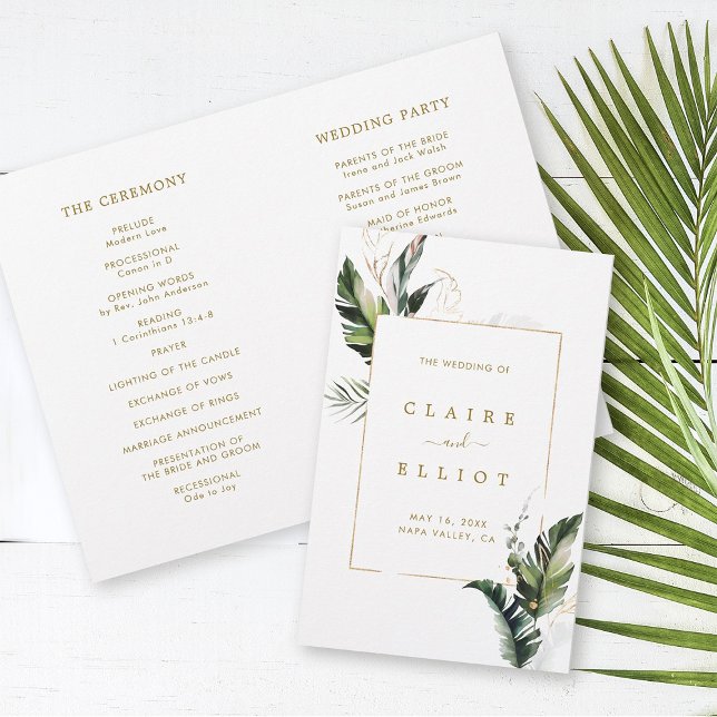 Tropical Foliage Gold Hochzeit Programm (Front & Inside)