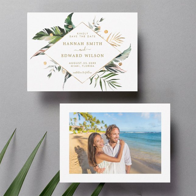 Tropical Foliage Gold Wedding Foto Save the Date (Front & Back)