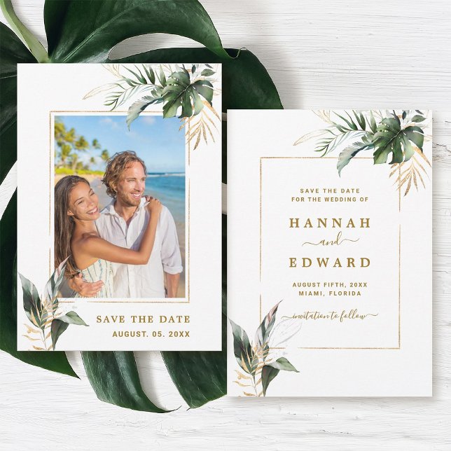 Tropical Foliage Gold Wedding Foto Save the Date (Front & Back)