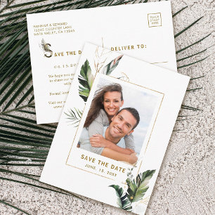 Tropical Foliage Gold Wedding Foto Save the Date Ankündigungspostkarte