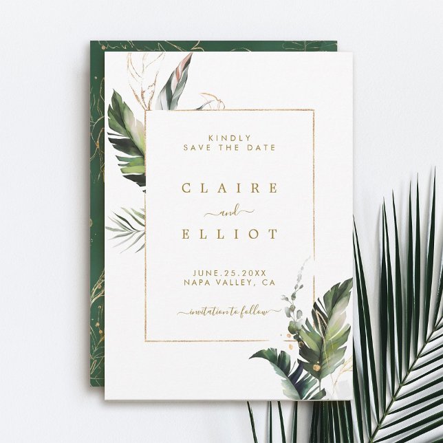 Tropical Foliage Gold Wedding Save The Date (Von Creator hochgeladen)