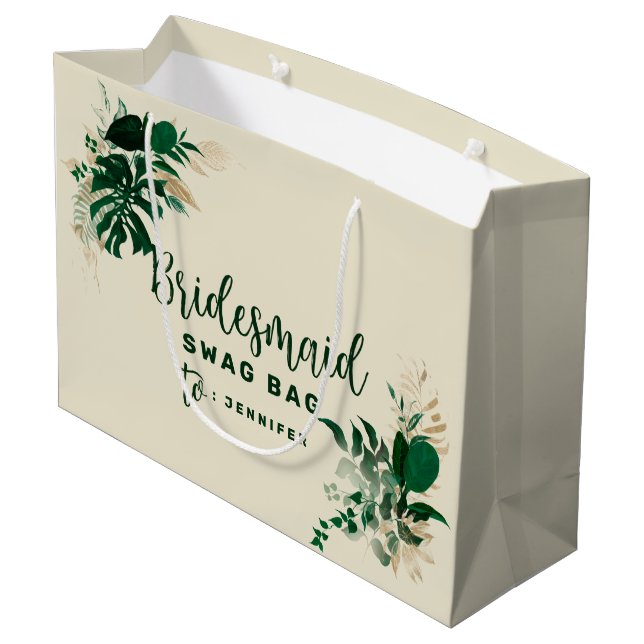 Tropical Foliage Green & Gold Bridesmaid Swag Große Geschenktüte (Rückseite Schrägansicht)