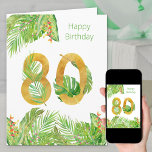 Tropical Foliage Green und Gold Big 80. Geburtstag Karte<br><div class="desc">Big 80. Geburtstagskarte. Das Design hat eine große Zahl 80 in texturiertem Gold, mit tropischen Blätter verwoben. Im Freien gibt es auch eine Grenze von Blätter aus Palmen, Bananen-Blätter, Monstera-Blätter und farbenfrohen tropischen Blume mit der Formulierung "zum Geburtstag glücklich". Die Innenseite der Karte ist auch mit der Nummer 80 dekoriert,...</div>