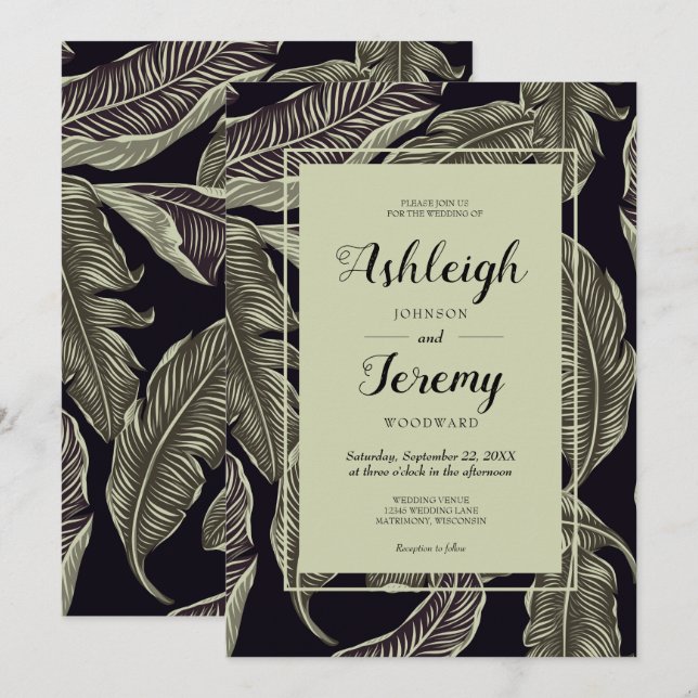 Tropical Foliage Sage Green Black Script Hochzeit Einladung (Vorne/Hinten)