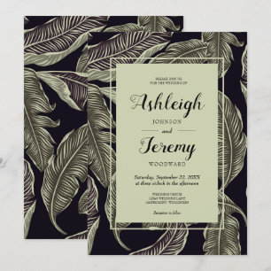 Tropical Foliage Sage Green Black Script Hochzeit Einladung
