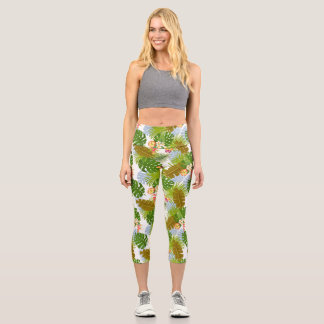 Tropical Foliage Summer White Capri Leggings