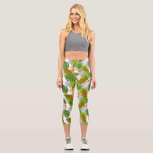 Tropical Foliage Summer White Capri Leggings (Vorderseite)