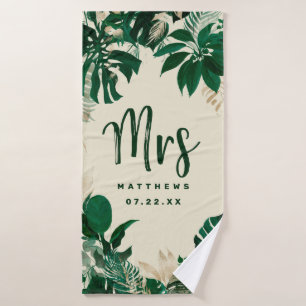 Tropical Foliage Trendy Greenery Wedding Mrs. Badehandtuch