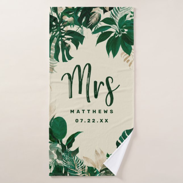 Tropical Foliage Trendy Greenery Wedding Mrs. Badehandtuch (Badehandtuch)