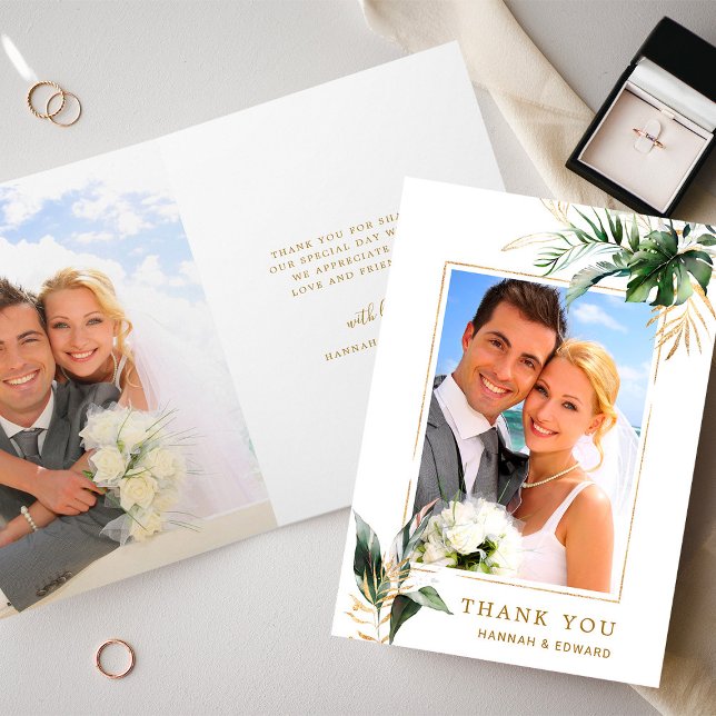 Tropical Foliage Wedding Foto Gold Vielen Dank Karte (Front & Back)