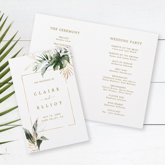 Tropical Foliage Wedding Gold Zeremonie Programm (Front & Inside)