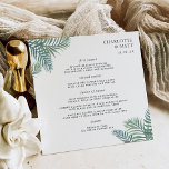 Tropical Foliage Wedding Menu Square Card Menükarte<br><div class="desc">Island chic wedding menu in a unique square shape features your starter courses, entrees and desserts in elegant lettering, with your names and wedding date framed by tropical watercolor palm frond leaves in vibrant green. Coordinates with our Tropical Foliage wedding collection for summer, beach, and destination weddings. Use the template...</div>