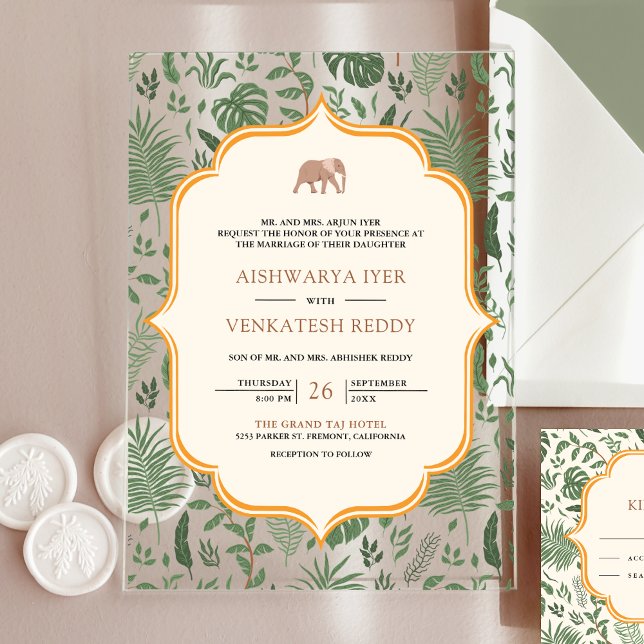 Tropical Forest Elephant Indian Wedding Acryleinladungen (Von Creator hochgeladen)