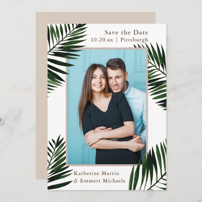 Tropical Frame Beige Wedding Save the Date Foto (Vorne/Hinten)