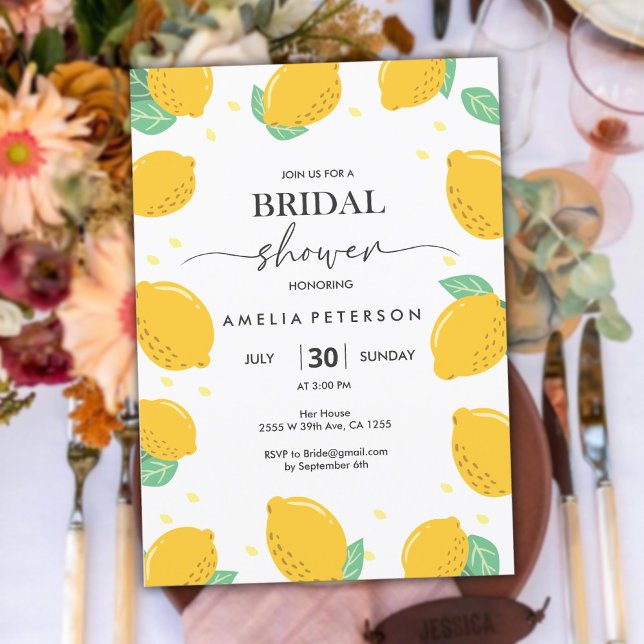 Tropical Fresh Lemon Script Brautparty Einladung (Tropical Fresh Lemon Script Bridal Shower Invitation)