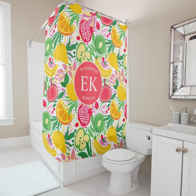 Tropical Fruit Monogram Watercolor Sommermuster Duschvorhang (Beispiel)