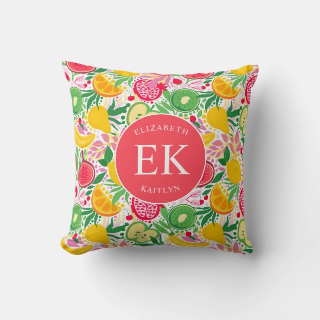 Tropical Fruit Monogram Watercolor Sommermuster Kissen (Vorderseite)
