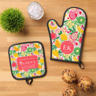 Tropical Fruit Monogram Watercolor Sommermuster Ofenhandschuh & Topflappen-Set