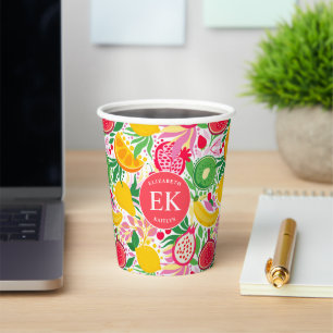 Tropical Fruit Monogram Watercolor Sommermuster Pappbecher