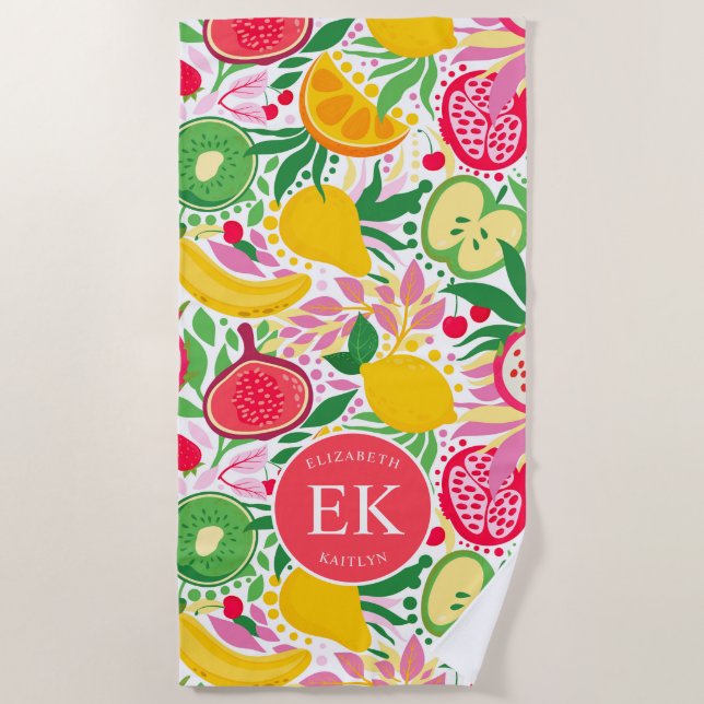 Tropical Fruit Monogram Watercolor Sommermuster Strandtuch (Vorderseite)