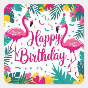 Tropical Fun Flamingo Birthday Design Quadratischer Aufkleber